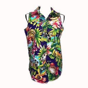 Disney Vintage Tropical Mickey Friends Sleeveless Button Up Down Medium Vacation
